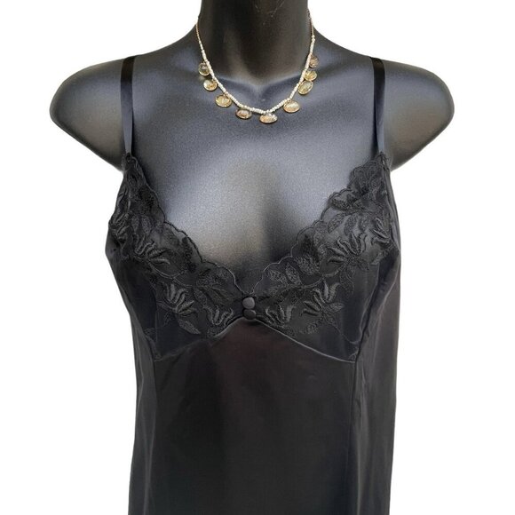 VTG 80s Vanity Fair Full Slip Dress Floral Sheer Bodice Silky Black Women’s 38 - Picture 3 of 11